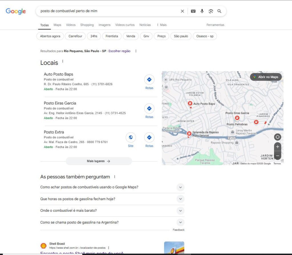 Imagem de print tirado de uma busca feita sobre posto de combustível perto de mim