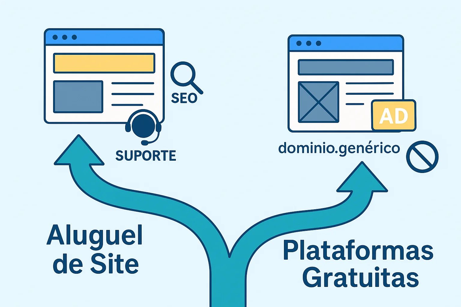 Imagem que mostra dois caminhos: um para o aluguel de sites outro para plataformas gratuitas