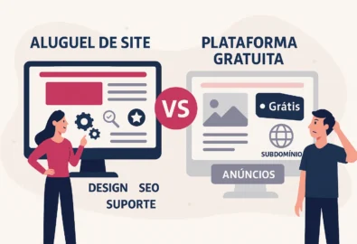 Imagem com um homem e uma mulher se perguntando se alugam um site ou o fazem na plataforma gratuita