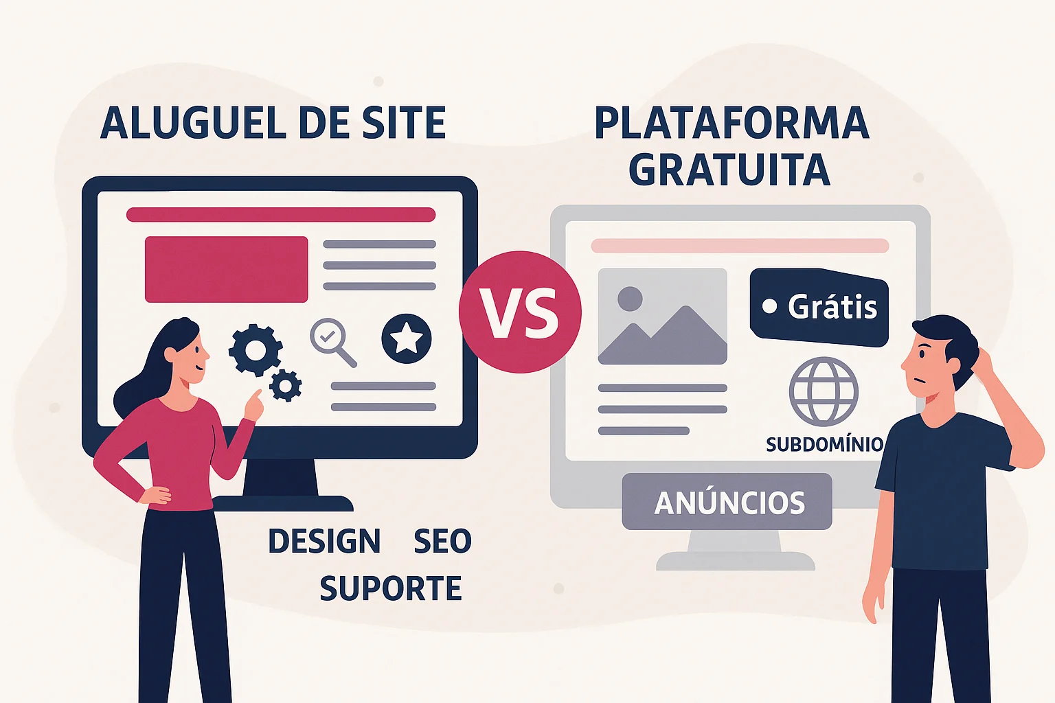 Imagem com um homem e uma mulher se perguntando se alugam um site ou o fazem na plataforma gratuita